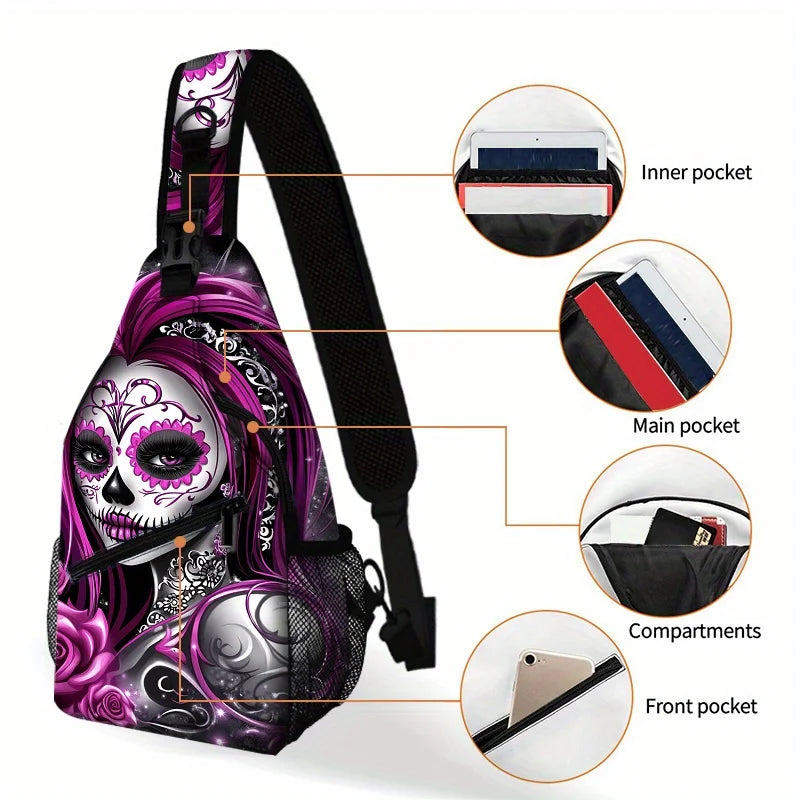 Purple Skull Crossbody Bag | Adjustable Sling Backpack for Travel