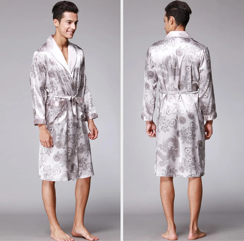 Traditional Japanese KIMONO Fashion YUKATA Oriental Gold Dragons Pattern Bathrobe Summer Men Ice Silk Robes Pajamas  Sleepwear