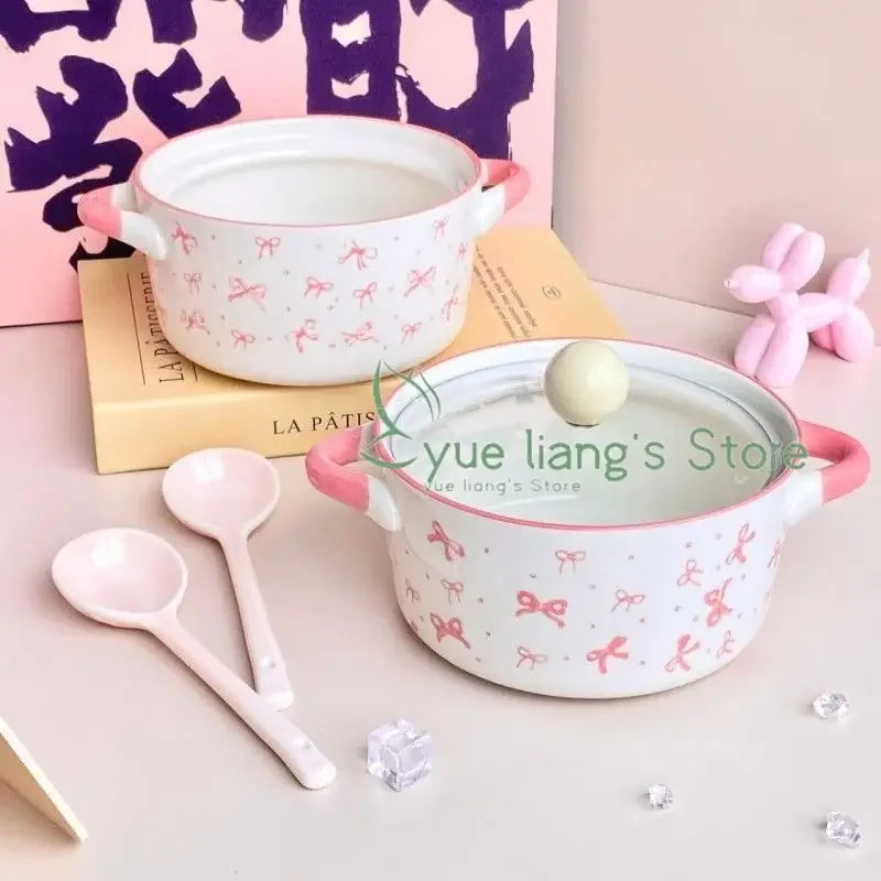Bol de cerámica con tapa para fideos, diseño de lazo rosa | Adorable tazón para sopa