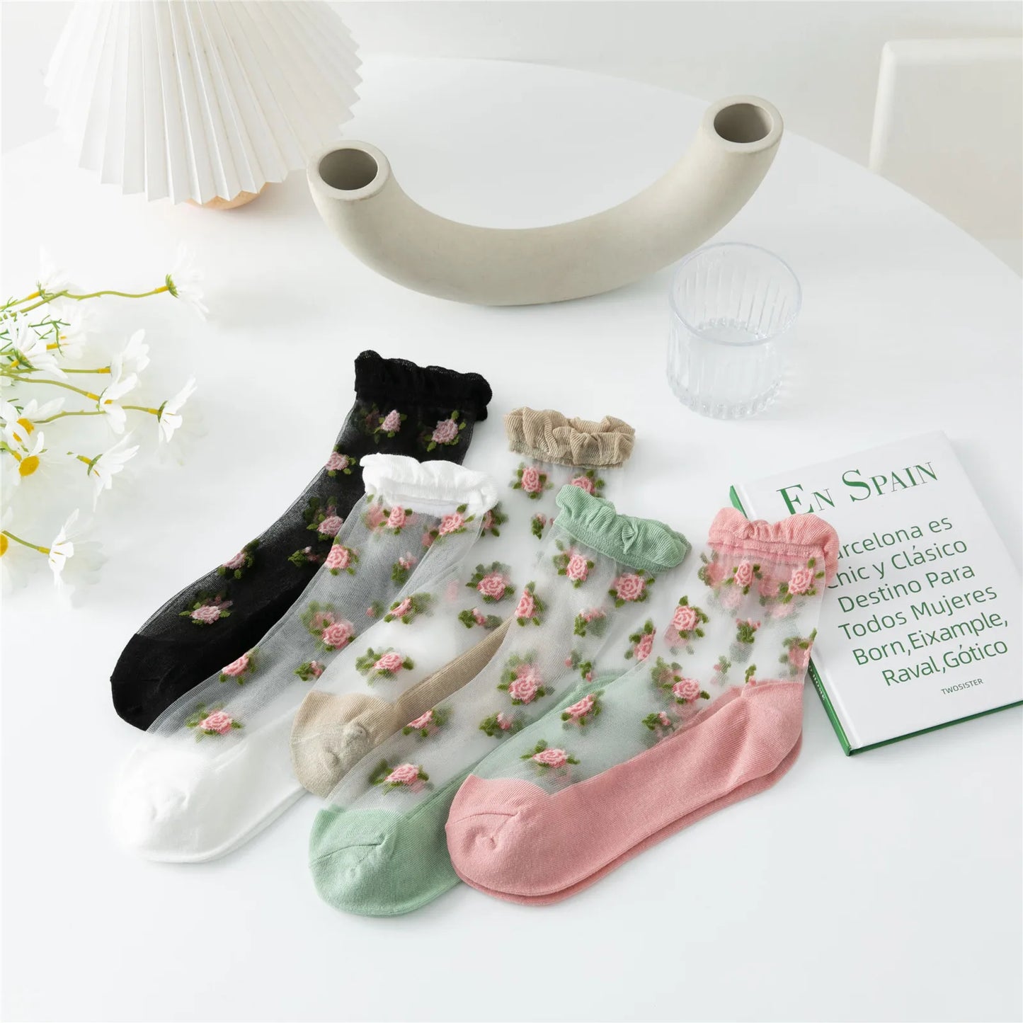 Women's Ultra-thin Lace Ruffle Socks | Vintage Rose Floral Style