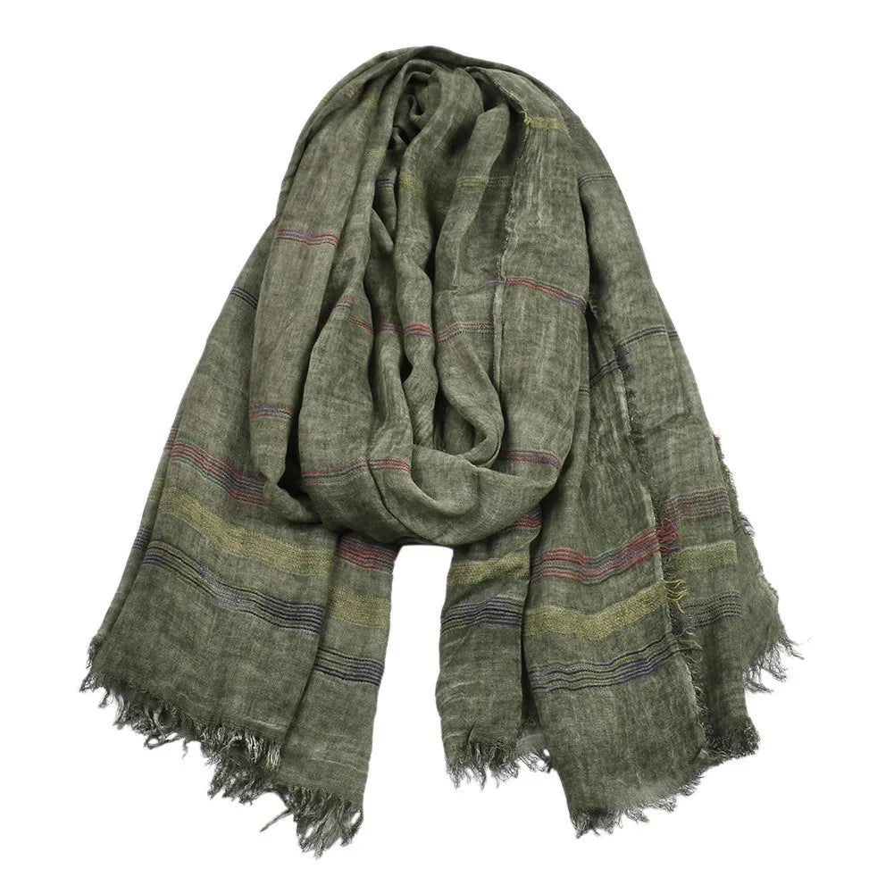 Men's Green Cotton Linen Scarf | Warm Autumn Winter Accessory
