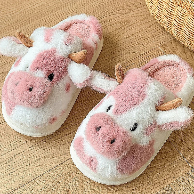 Women's Cute Cartoon Cow Plush Slippers | Warm Indoor House Shoes