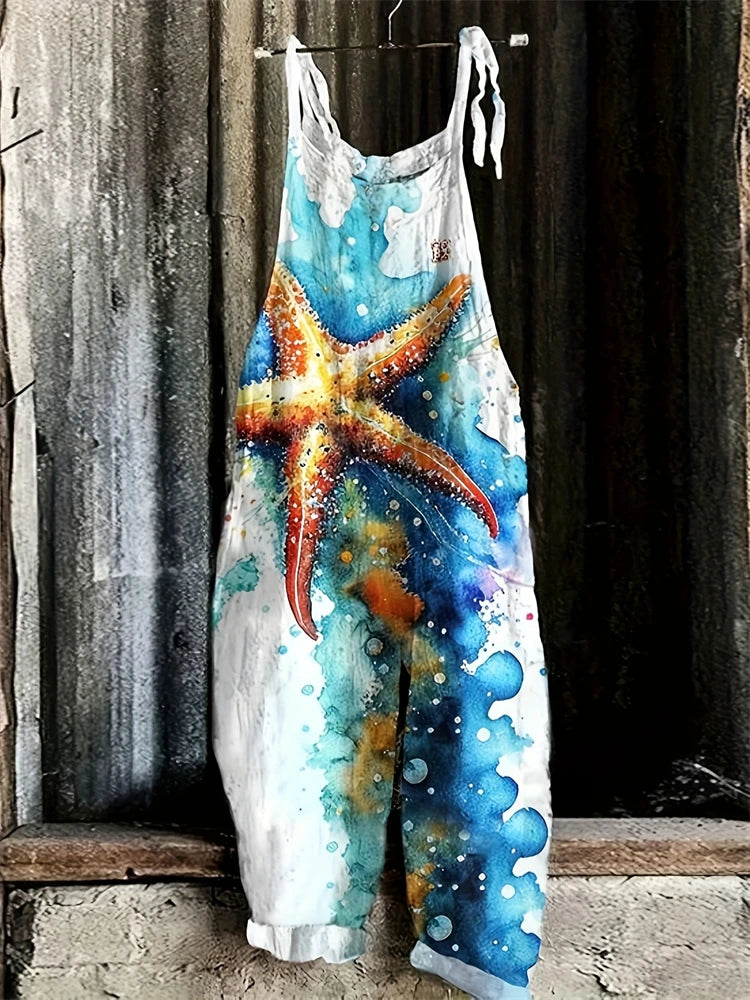Stylish Women's Fish Print Suspender Jumpsuit for Summer Fun