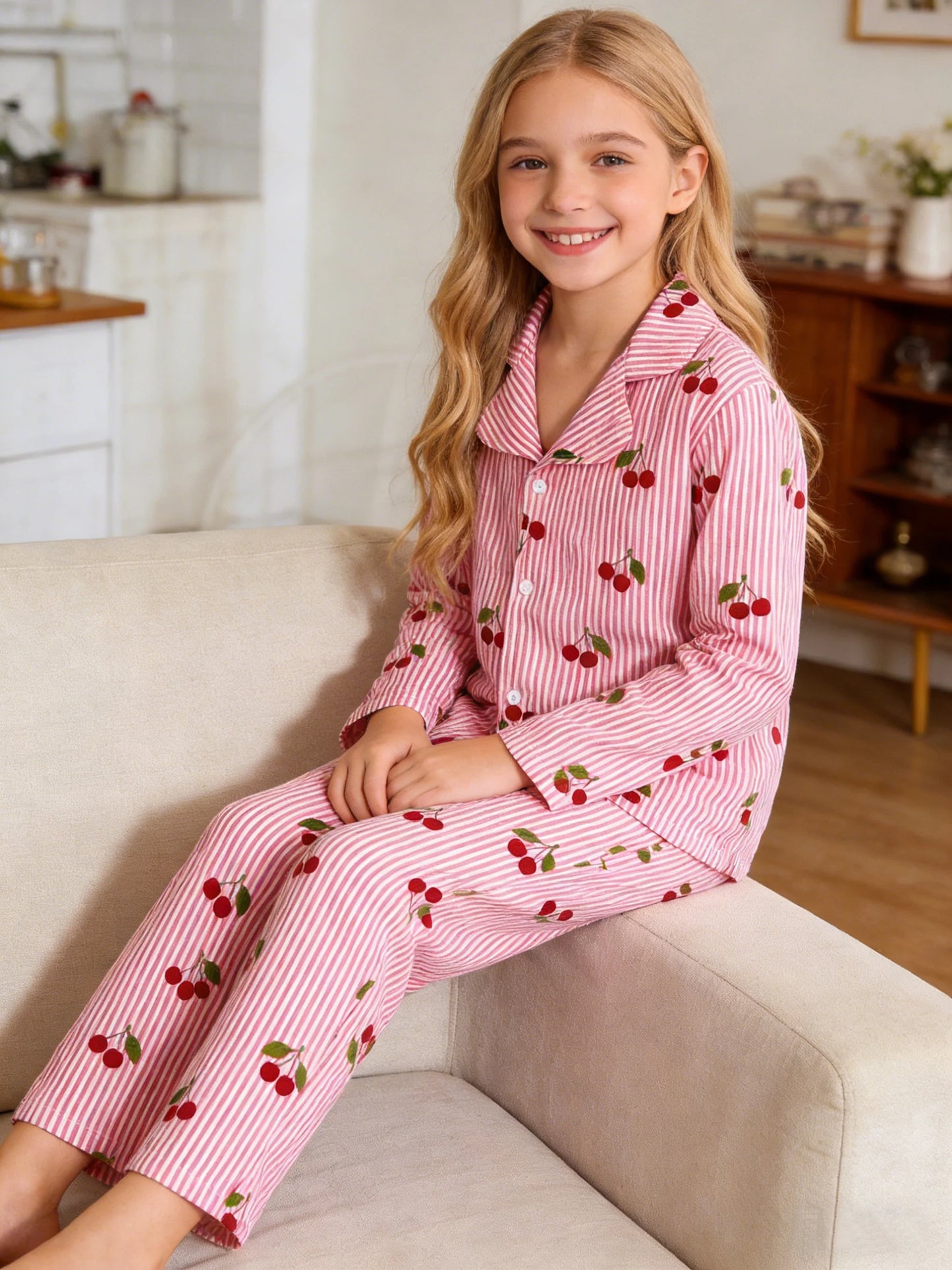 Girls' Cherry Sleepwear & Pants Set | Cozy Home Wear for All Seasons