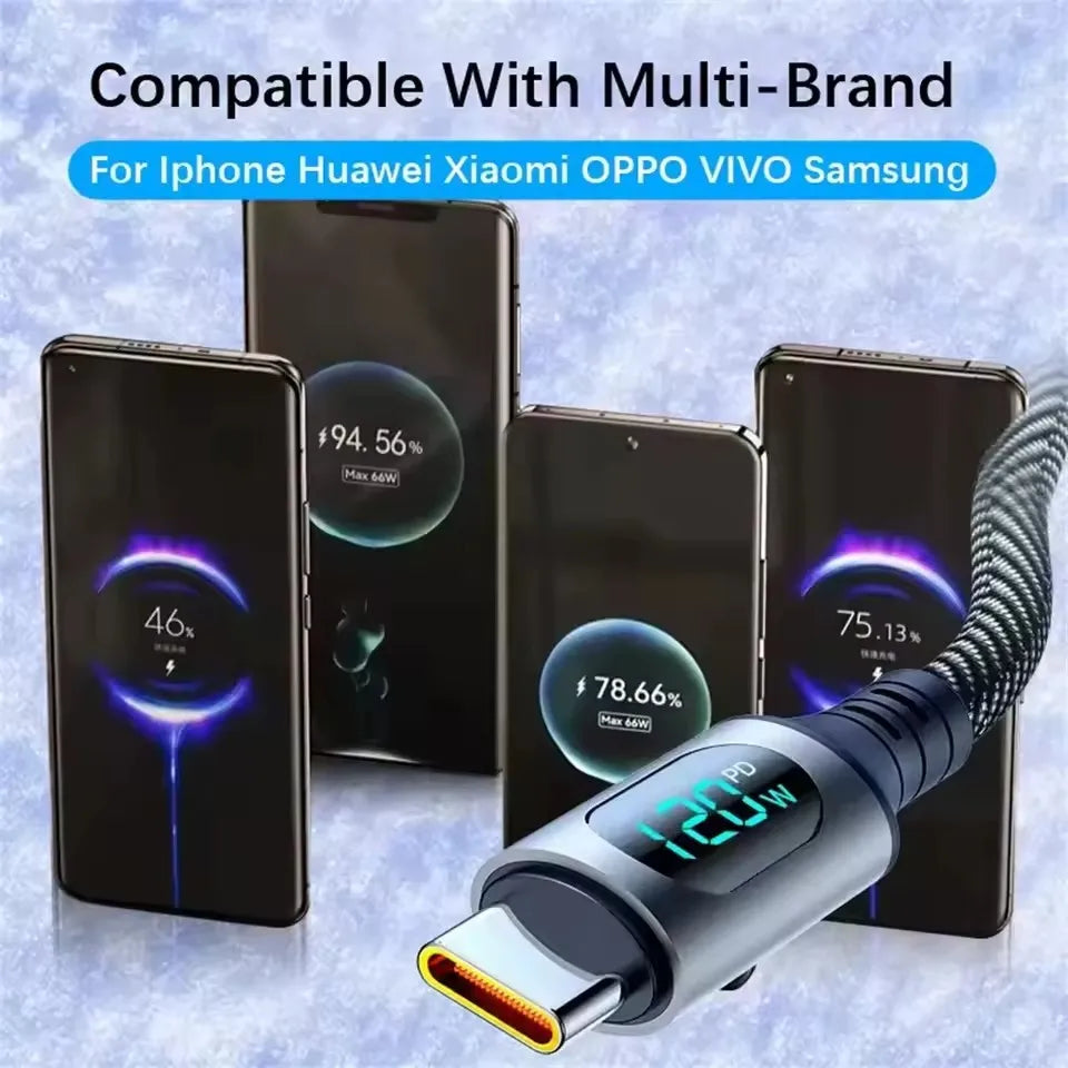 Cable A-C and C-C With Led Digital Display Cable Max 120W Super Fast Charge Cable For Xiaomi 17 Huawei Samsung iPhone Oneplus