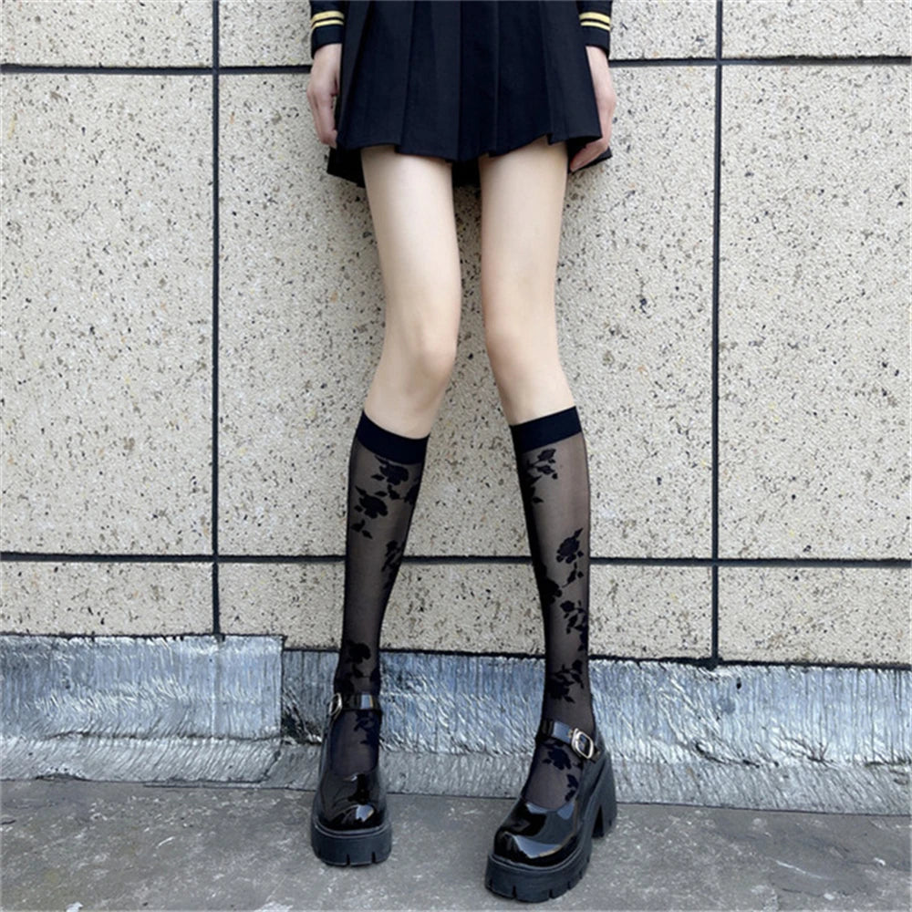 Elegant Black Rose Embroidery Long Socks | Women's Knee Highs