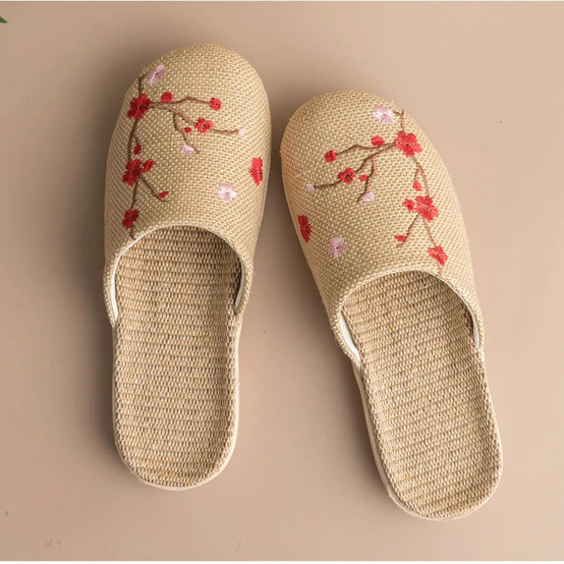 Cozy Indoor Embroidered Linen Slippers for Couples