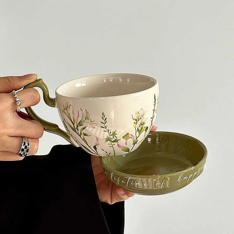 Large Capacity Ceramic Breakfast Cup with Lid | Rustic Coffee Mug Set
