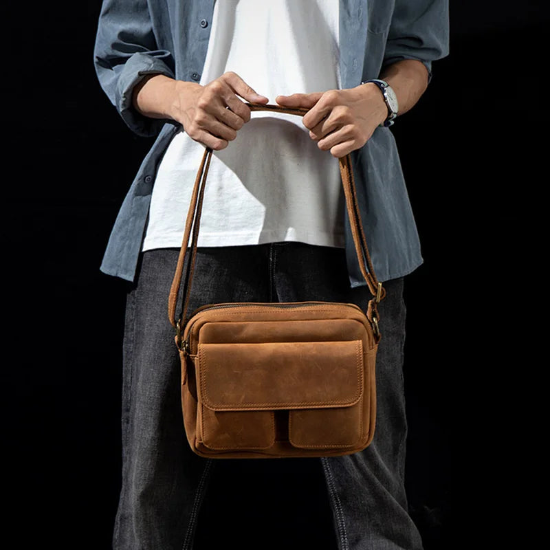 Handmade Crazy Horse Leather Crossbody Small Backpack for Men