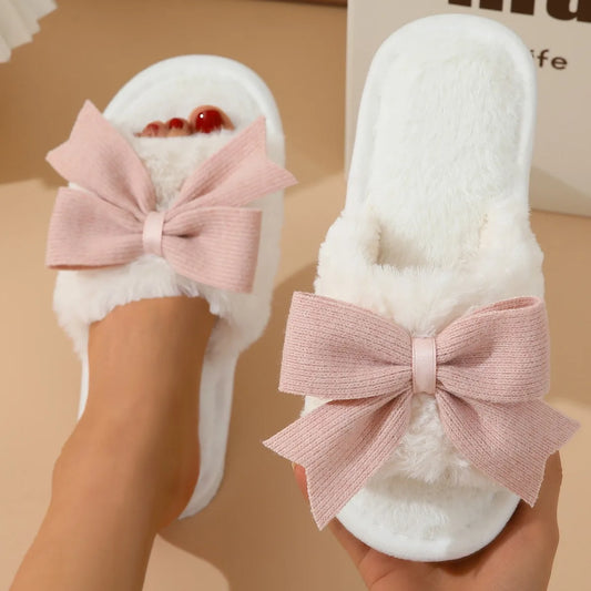 Women's Cute Bow Open Toe Plush Slippers | Cozy Winter House Shoes