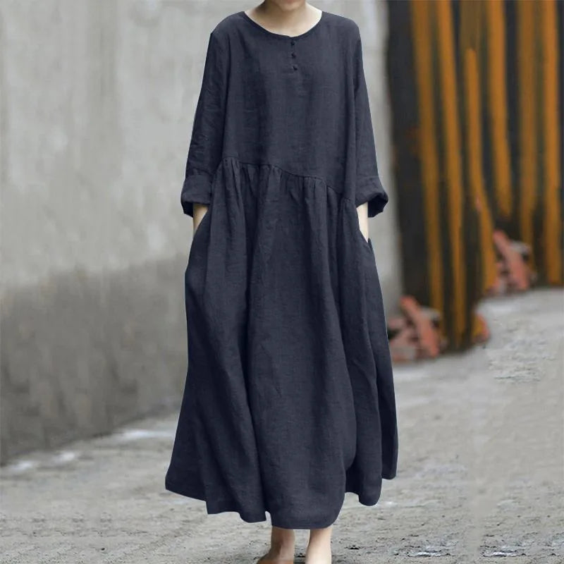 Women's Asymmetrical Cotton Linen Long Dress | Stylish Autumn Wear