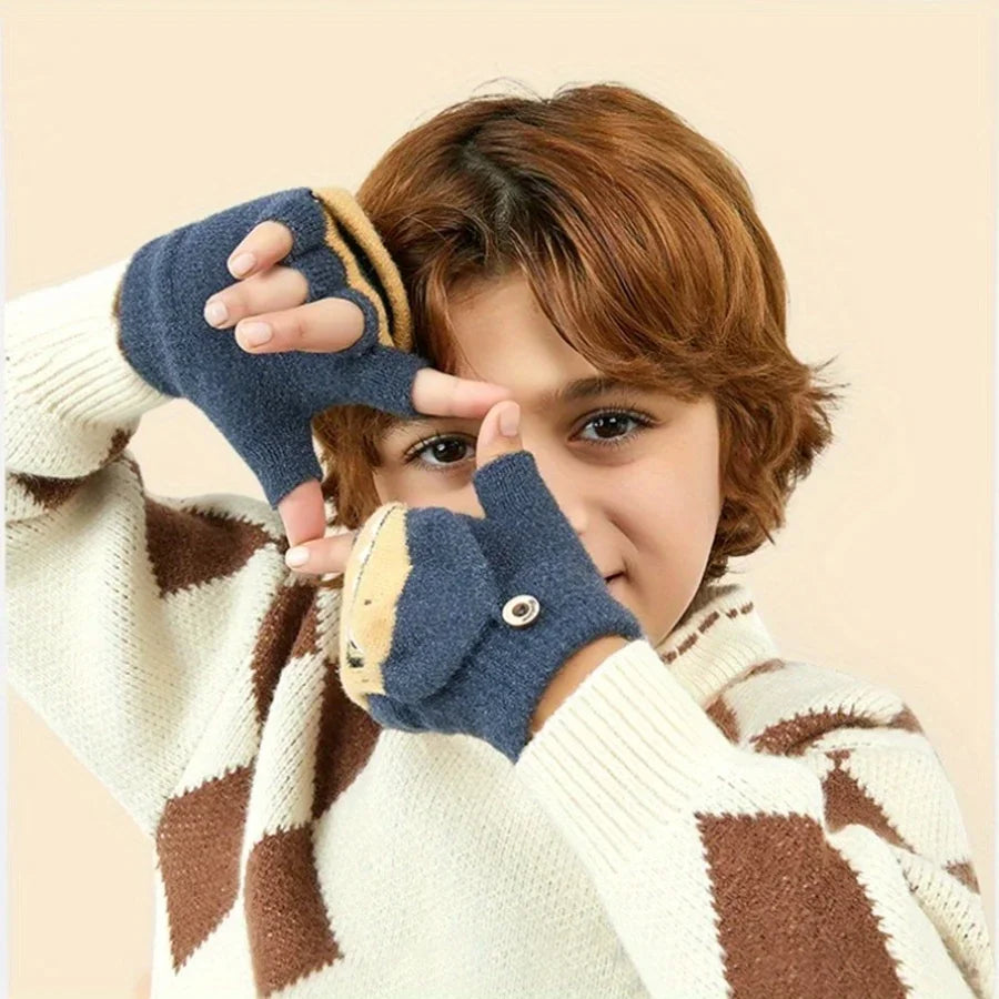 Kids Knitted Alligator Writing Gloves | Warm Winter Fingerless Gloves