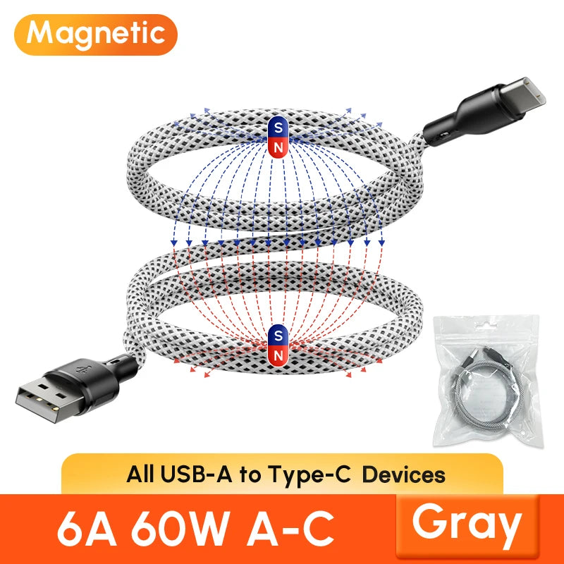 Magnetic Braided USB Type-C Car Charging Cable - 6A Data Transfer