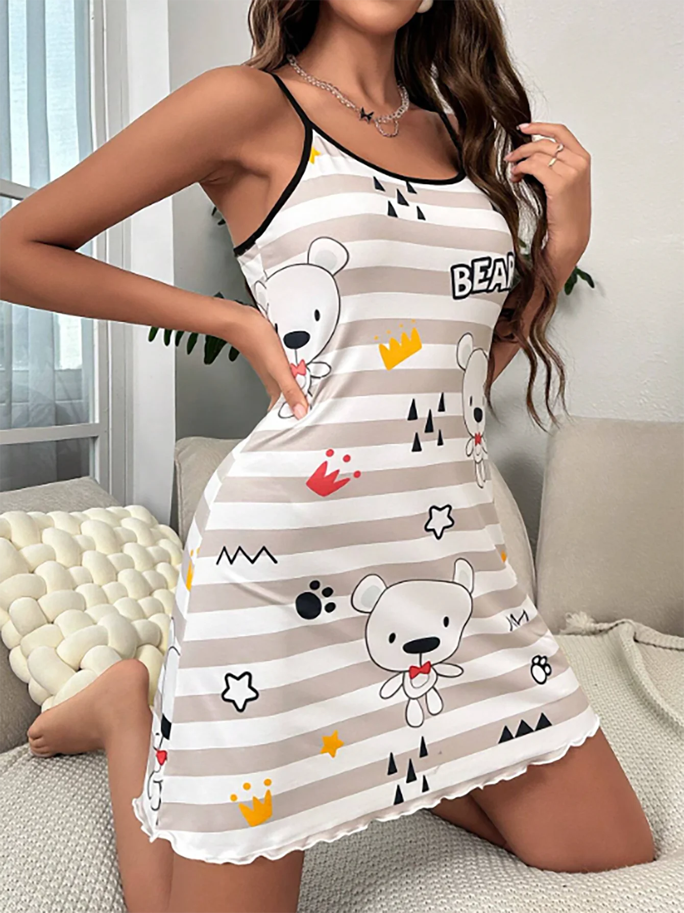 Cute Mini Night Dress with Bear Print for Cozy Lounging