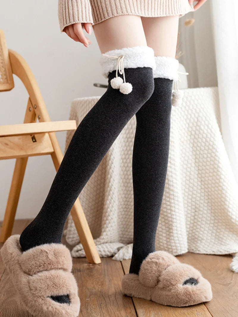 Cute Vertical Stripe Plush Tights | Cozy Kawaii Knee High Socks