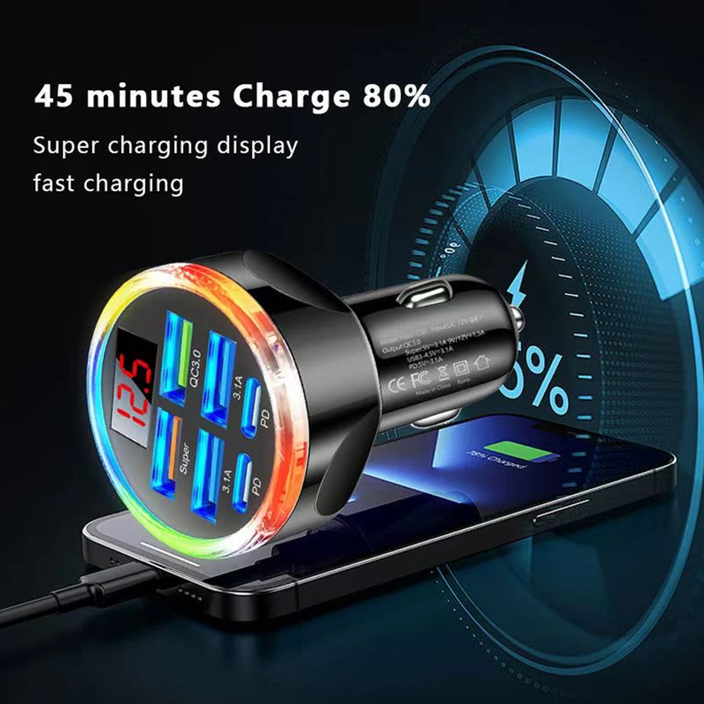 130W 6-in-1 Dual PD USB-C Car Charger Adapter | Fast Charging