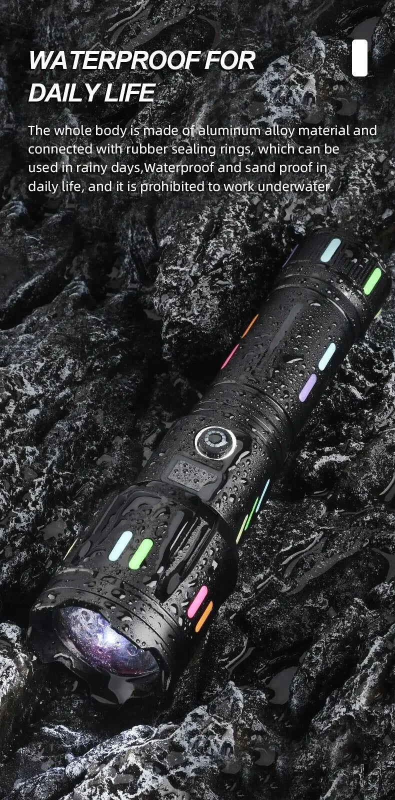 High Power Long Range LED Flashlight | Zoom & Colorful Light