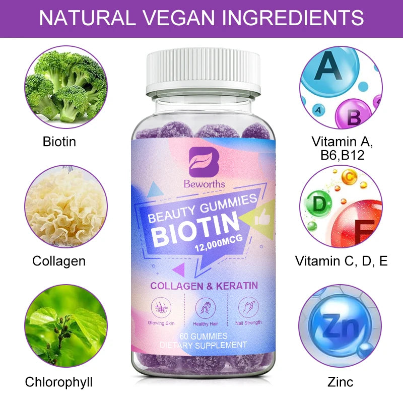 Vitamin Biotin Gummies for Stronger Hair, Skin & Nails - 60 Gummies