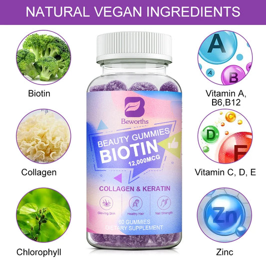 Vitamin Biotin Gummies for Stronger Hair, Skin & Nails - 60 Gummies