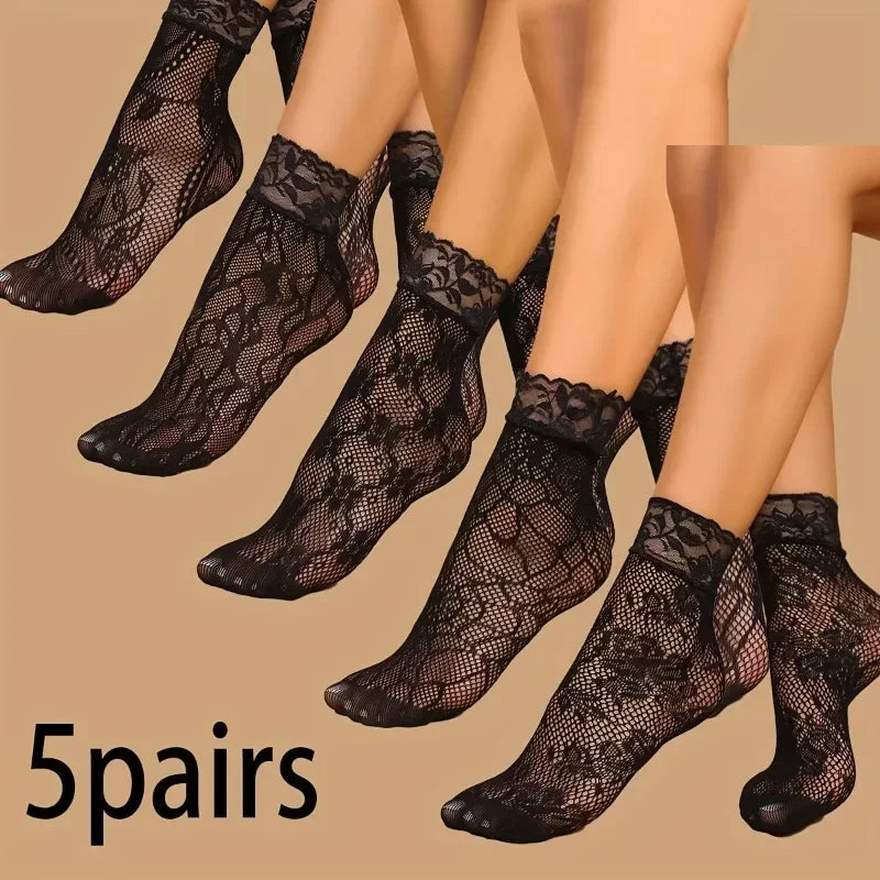 5 Pairs Floral Lace Socks | Thin Breathable Summer Hosiery
