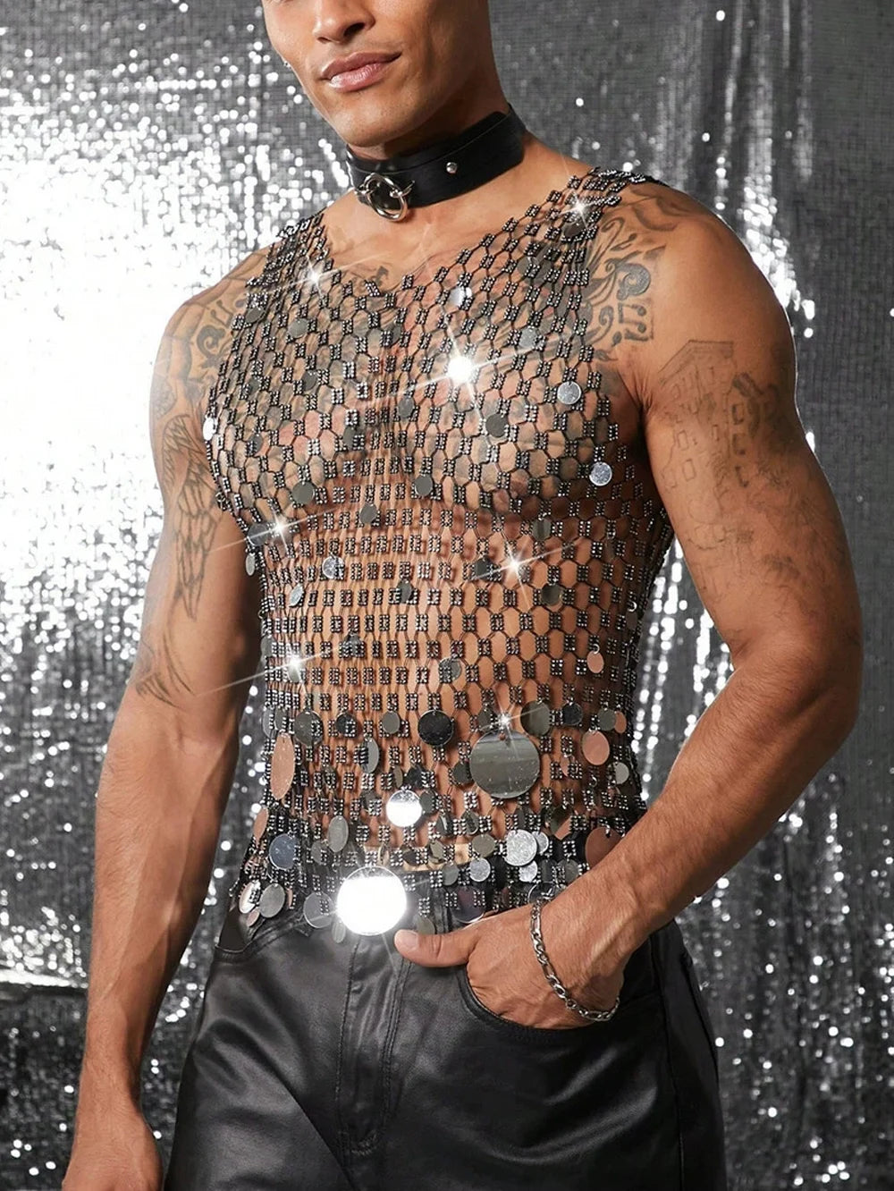 Shiny Rhinestone Fishnet Tank Top for Men | Perfect Party Wear