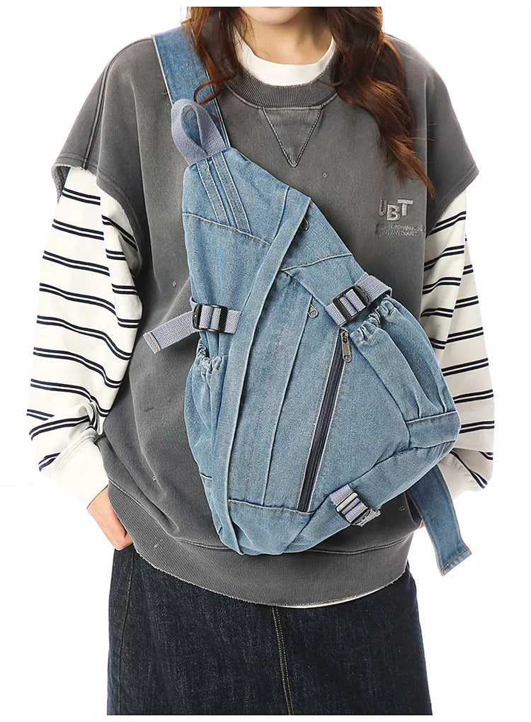 Vintage Washed Denim Sling Bag Man Woman Multifunction Retro Large Capacity Portable Motorcycle Chest Bag