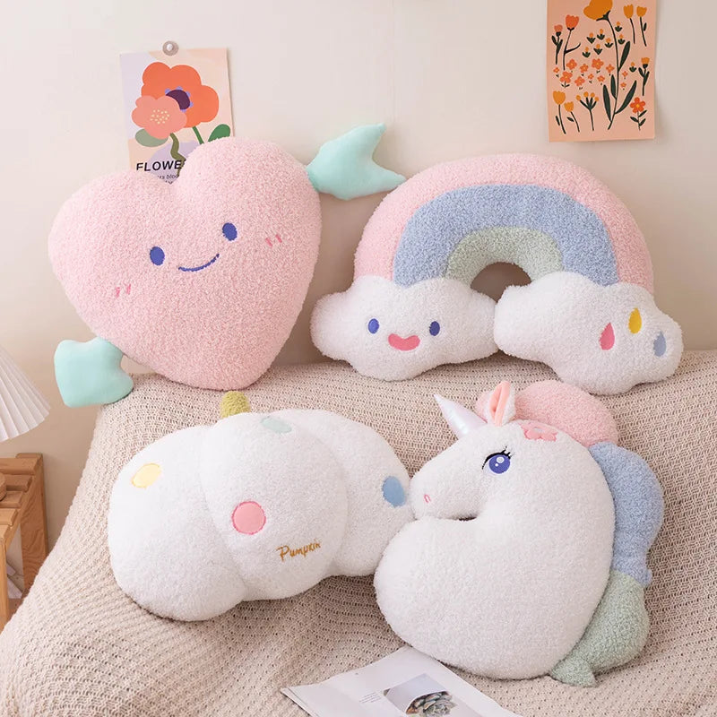 Soft Plush Rainbow Heart & Pumpkin Throw Pillow — Stuffed Hug Cushion Unicorn Plush Toy Massage Pillow for Girl Bedroom Decor