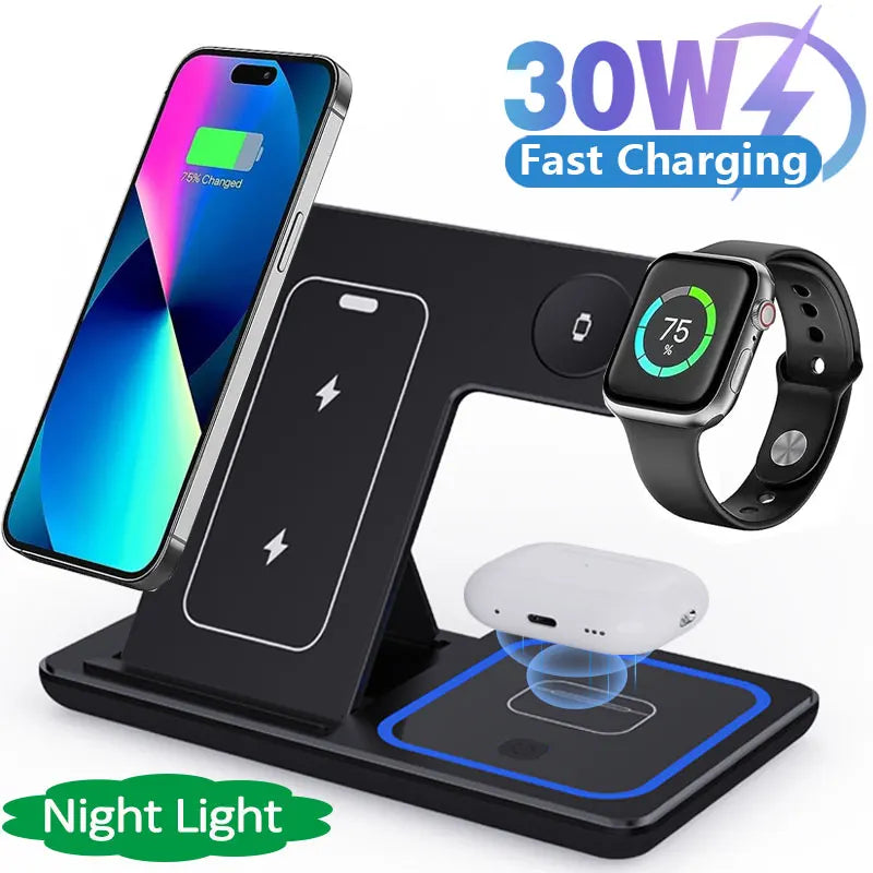 30W Foldable 3-in-1 Wireless Charging Station | Fast Qi Charger