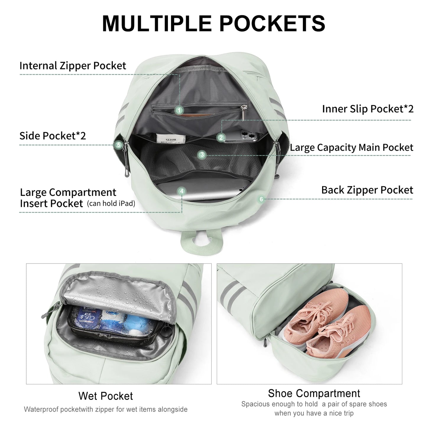 Women's Large Gym Backpack with Shoe Compartment | Waterproof Travel Bag