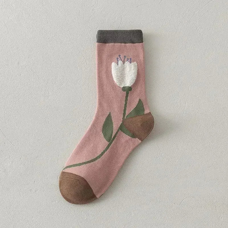 Cute Pink Flower Embroidery Socks for Women | Kawaii Retro Style