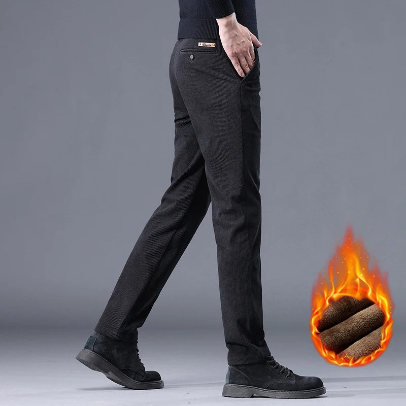 Men's Thick Fleece Corduroy Pants | Winter Warm Business Casual Trousers