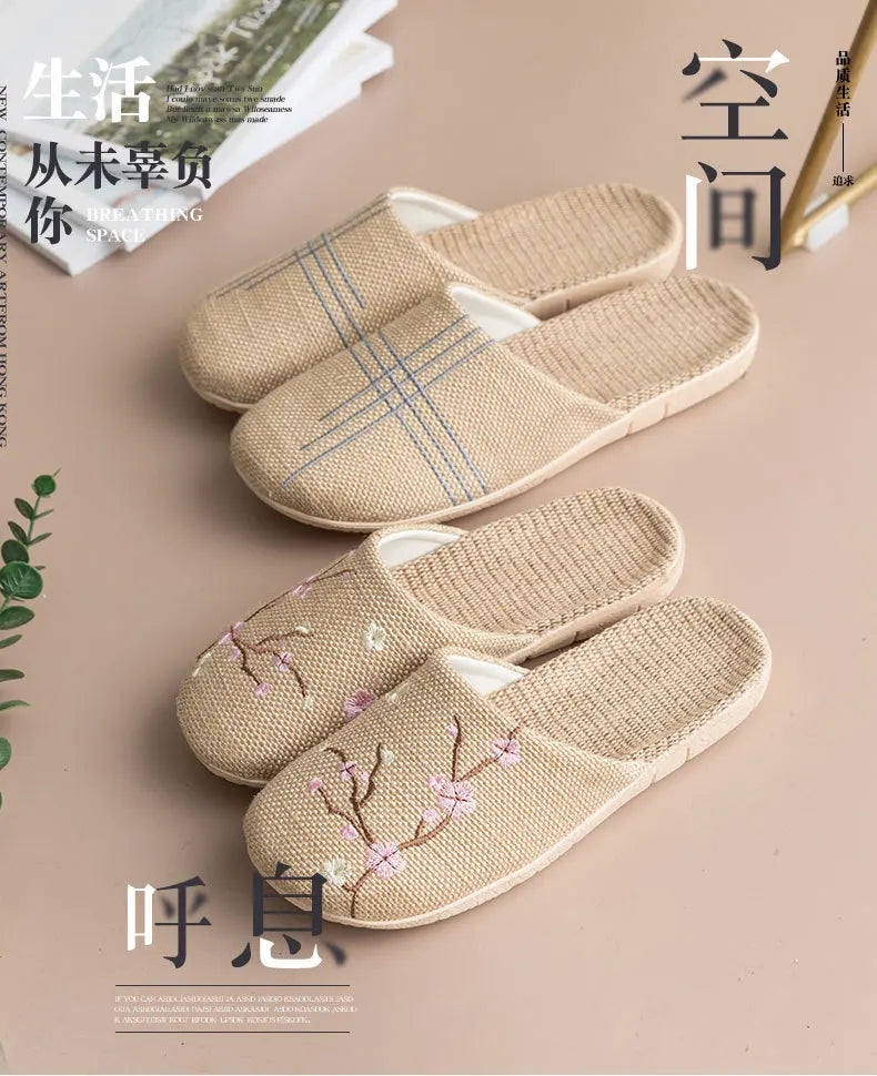 Cozy Indoor Embroidered Linen Slippers for Couples