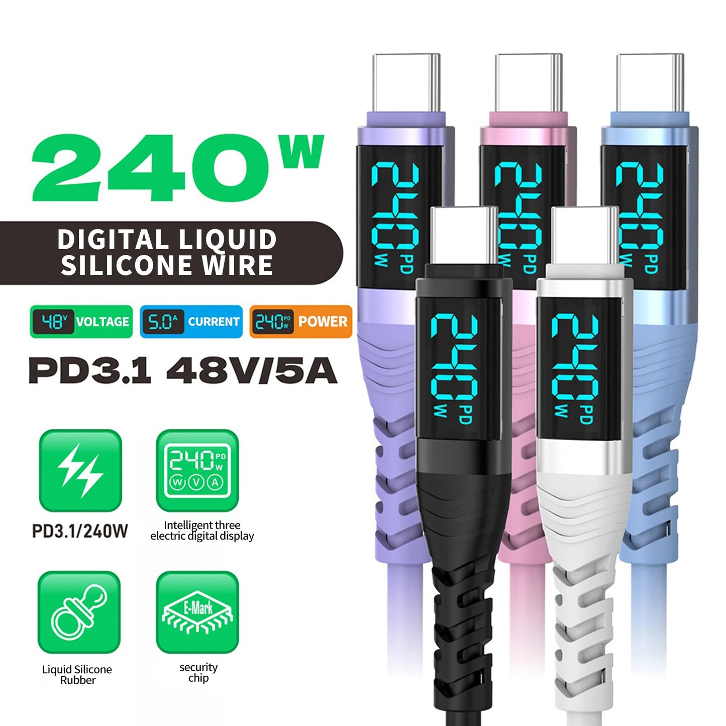 PD3.1 USB C Cable,240W LED Display Type C Fast Charging Cable with Data Transfer,for iPhone 17/16,Samsung Galaxy A17/S25,Huawei