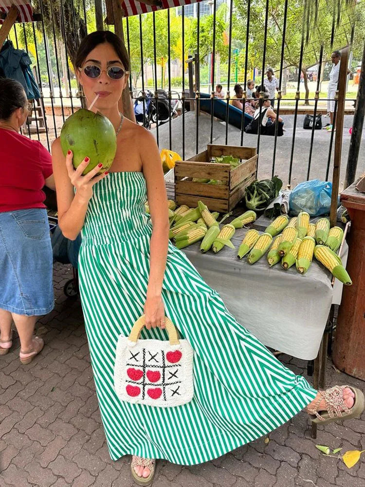 Elegant Green Striped Off Shoulder Maxi Dress for Women