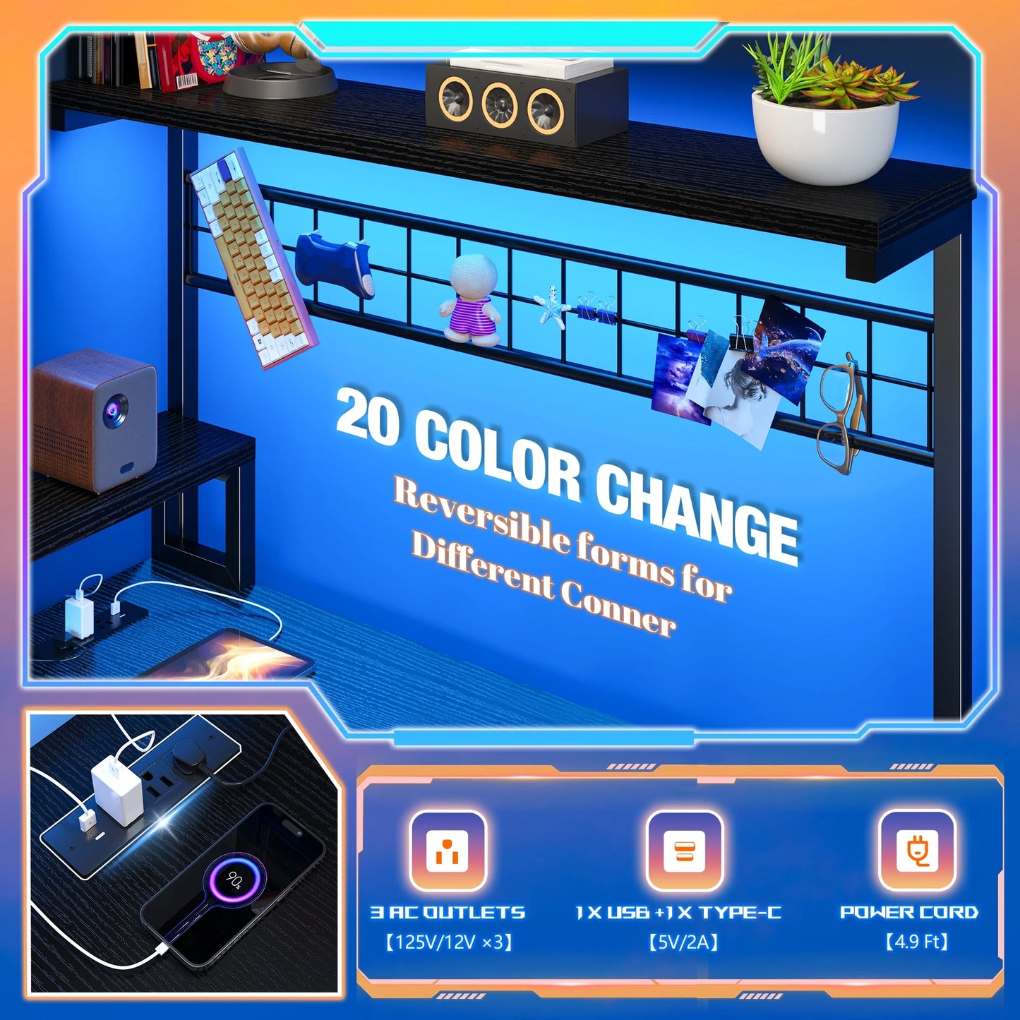 L Shaped Gaming Desk with LED Lights & Power Outlets for Home Office