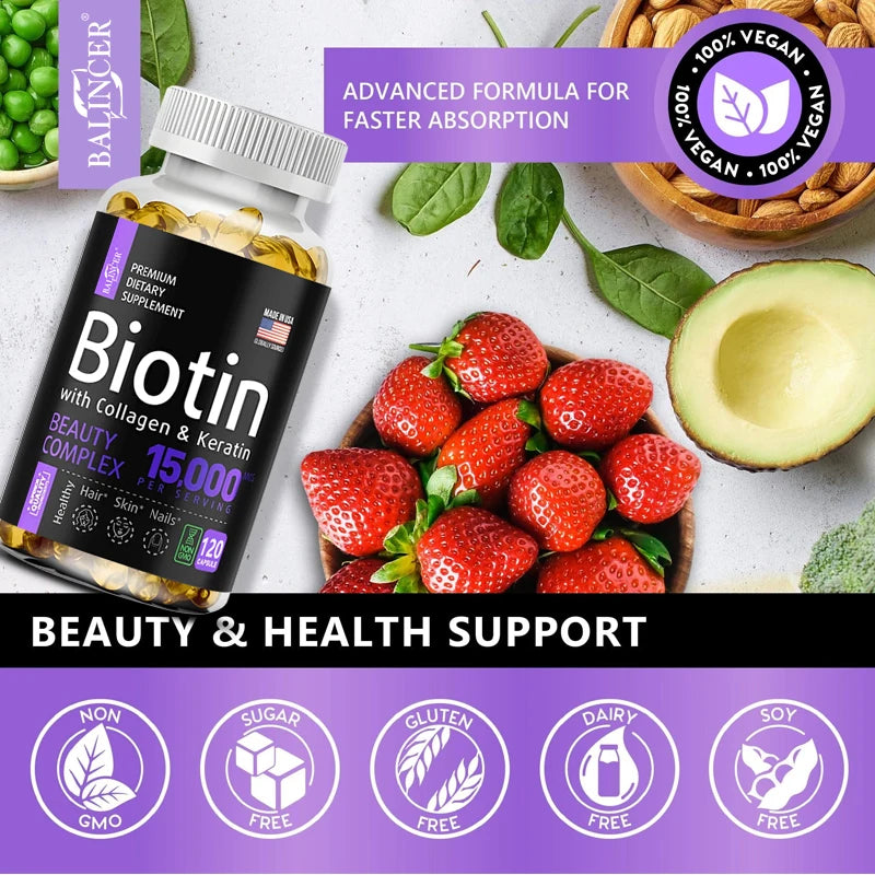 Biotin Capsules with Collagen & Keratin for Shiny Hair, Skin, Nails