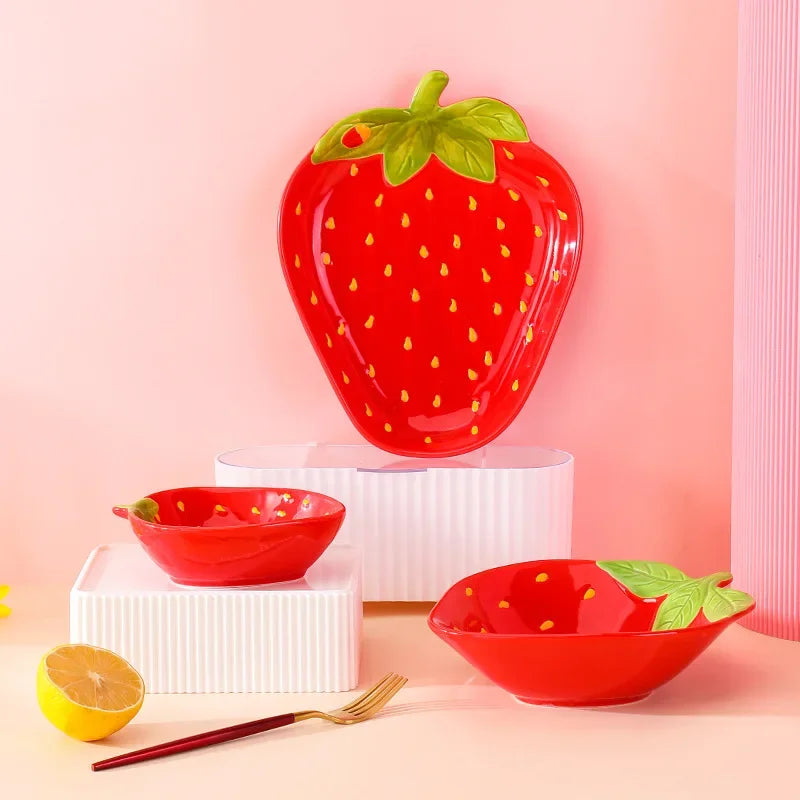Creative Cartoon Strawberry Shaped Ceramic Salad Bowl | Fun Tableware
