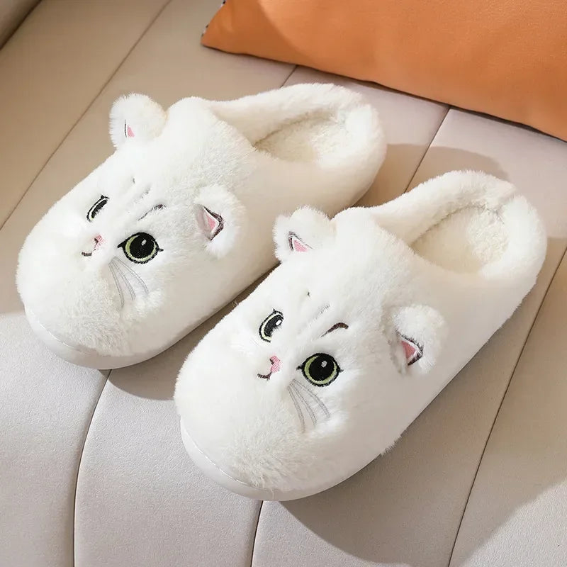 Cute Cat Fluffy Platform Slippers | Furry Plush Indoor Shoes