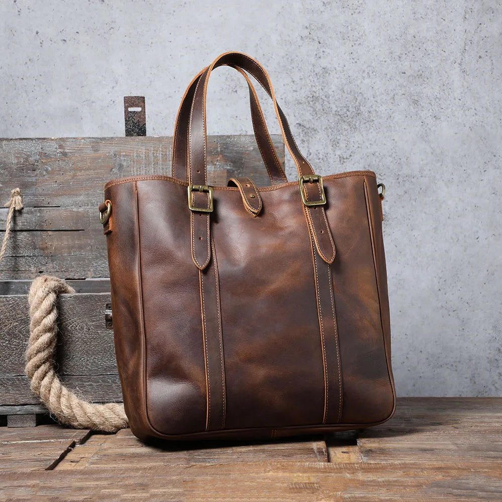 Vintage Genuine Leather Tote Bag | Handmade Unisex Briefcase