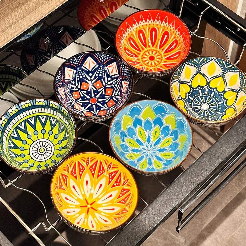 6-Piece Handmade Bohemian Ceramic Bowls Set | Microwave & Dishwasher Safe