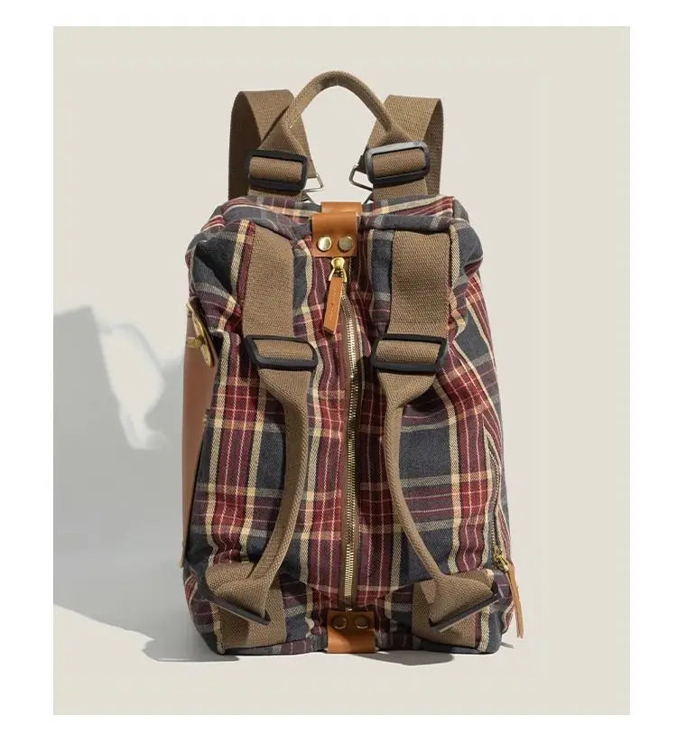 Large Capacity Burgundy Plaid Handbag | Convertible Shoulder Backpack