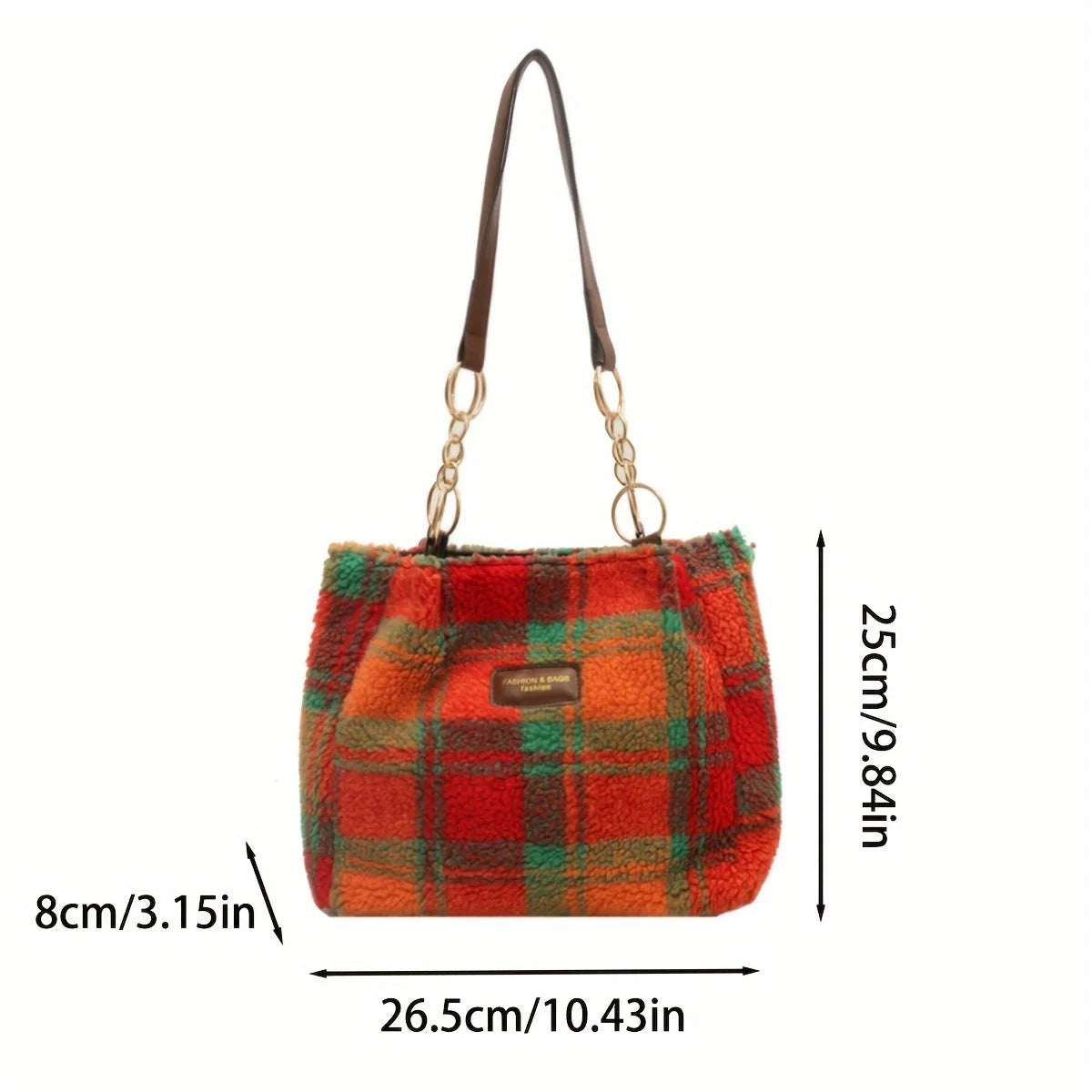 Red Plaid Lambswool Shoulder Bag | Large Capacity Tote for Women