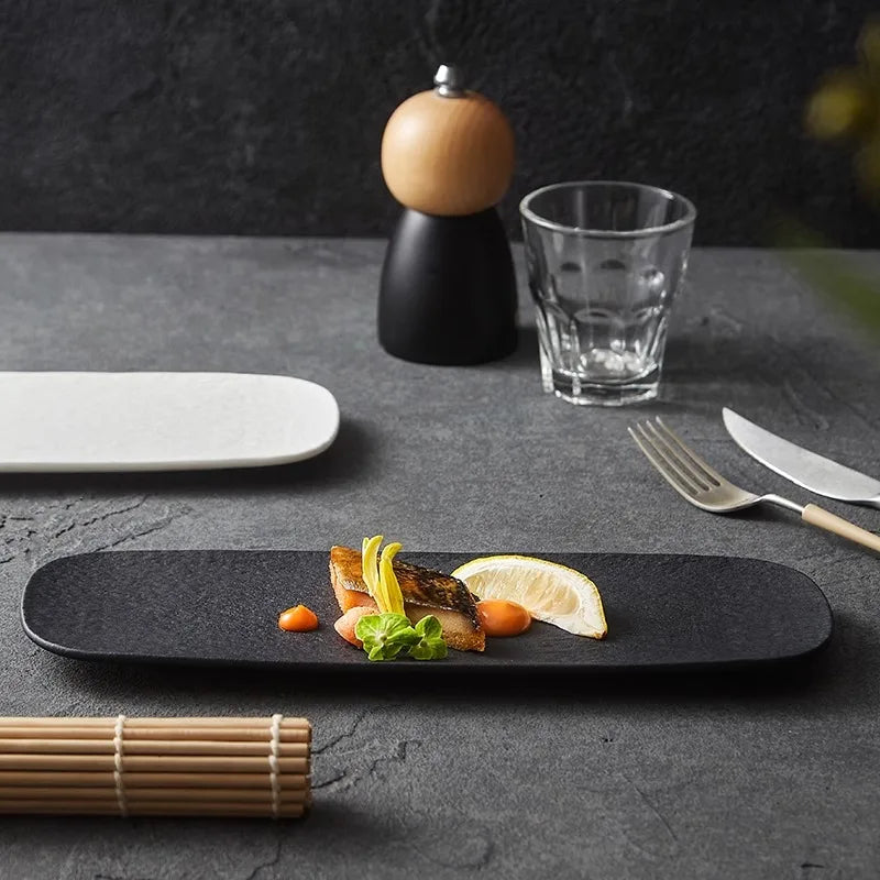 Stone Patterned Frosted Ceramic Sushi Plate | Elegant Dim Sum Dish