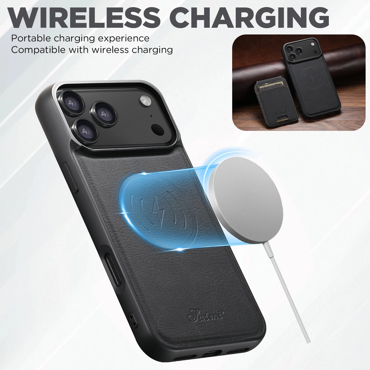 SUTENI Wireless Charging Phone Case Magnet Card Holder Stand Faux Leather For iPhone 17 Pro Max 16 Plus 15 14 13 12
