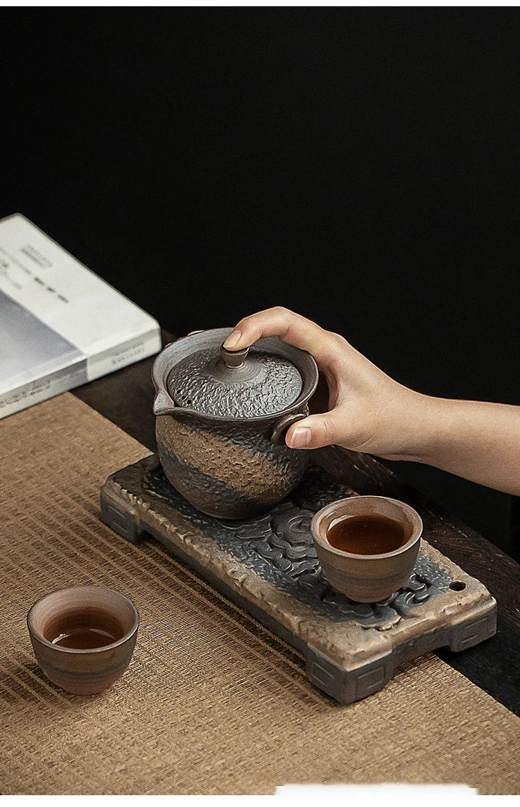 Elegante Bandeja de Té Retro Japonesa de Cerámica Dorada | Sofisticado Accesorio para Té