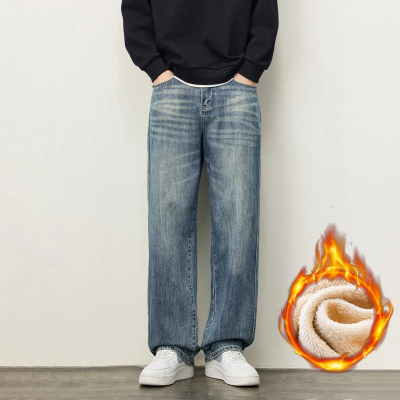 Wide-Leg Warm Fleece Jeans — Winter Thick Loose Straight Denim Pants for Men, Vintage Casual Velvet-Lined Korean Style Trousers