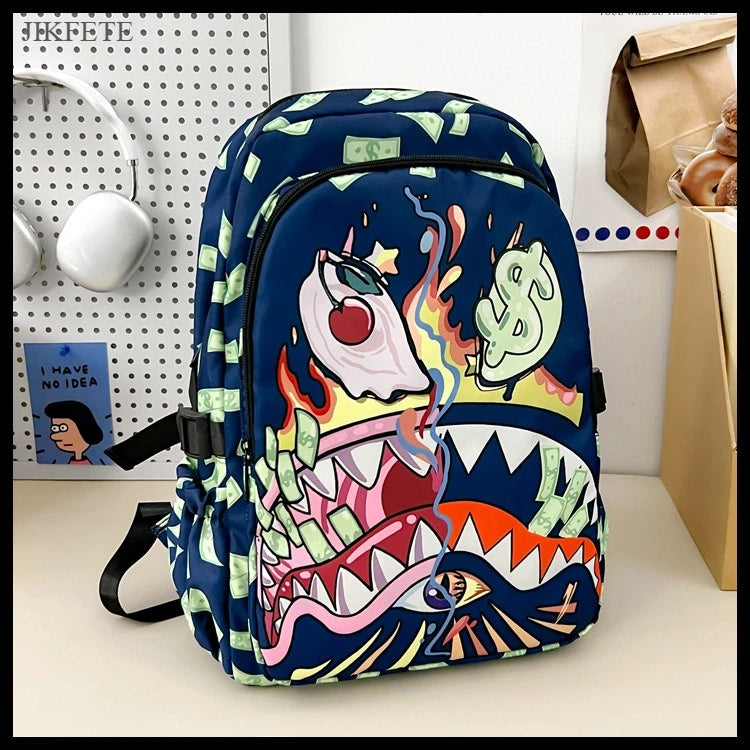 Stylish Shark Mouth Print Backpack | Versatile School & Travel Bag