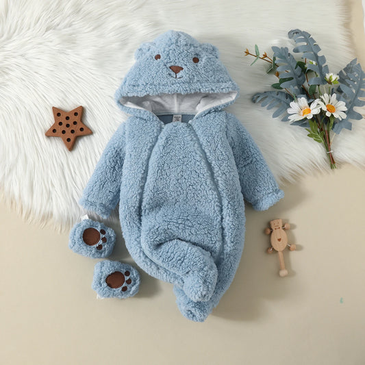 Cozy Baby Lamb Wool Jumpsuit | Adorable Bear-Hooded Romper