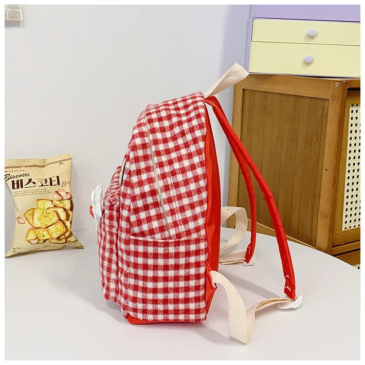 Stylish Girls Red Plaid Backpack | Large Capacity School Bag