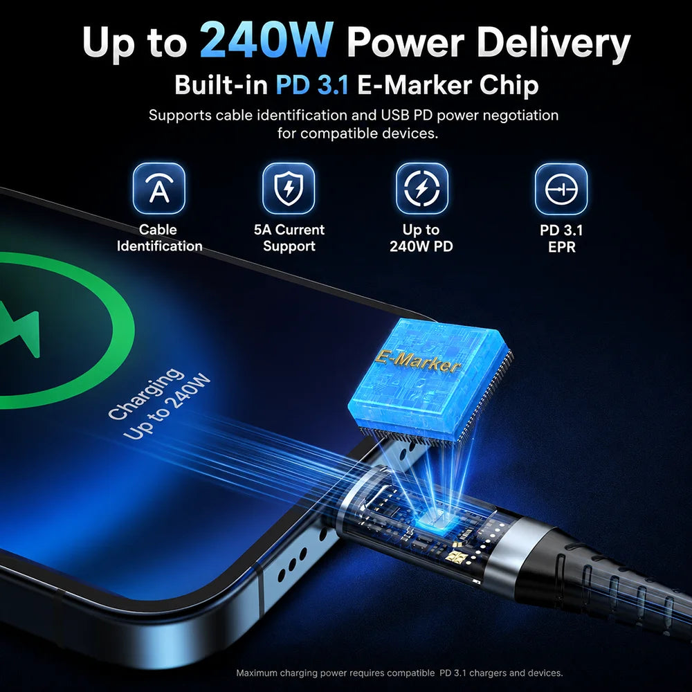 UGOjP USB4 Cable 240W PD Fast Charging with LED Display 40Gbps Data Transfer USB C to C Data Cable for Laptop Phone Tablet